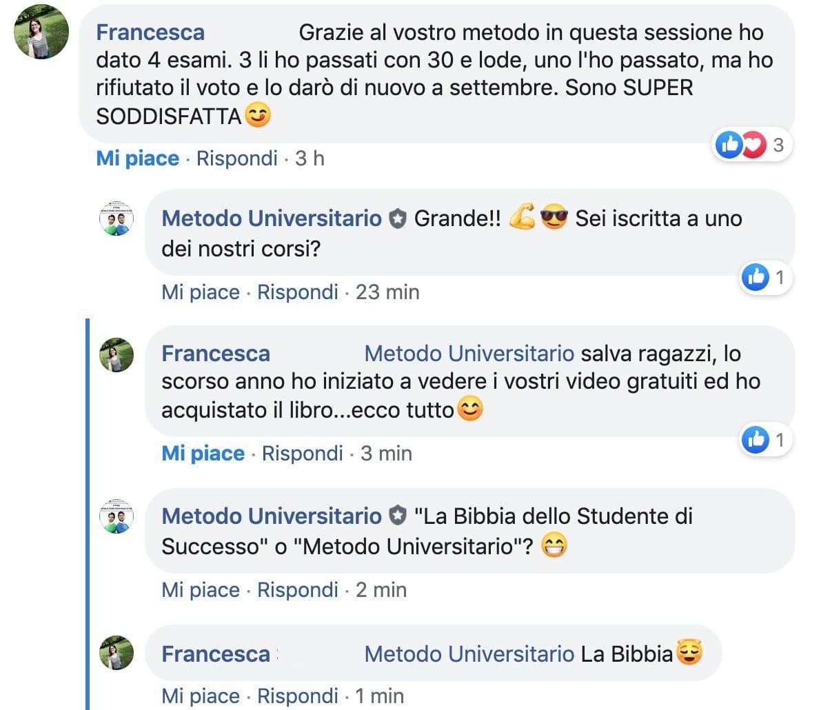 Recensione di Francesca su Metodo Universitario: "4 esami in una sessione, di cui 3 passati con 30 e lode"